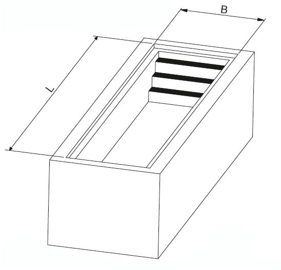 Maßskizze einer Werkstattgrube mit Länge L und Breite B